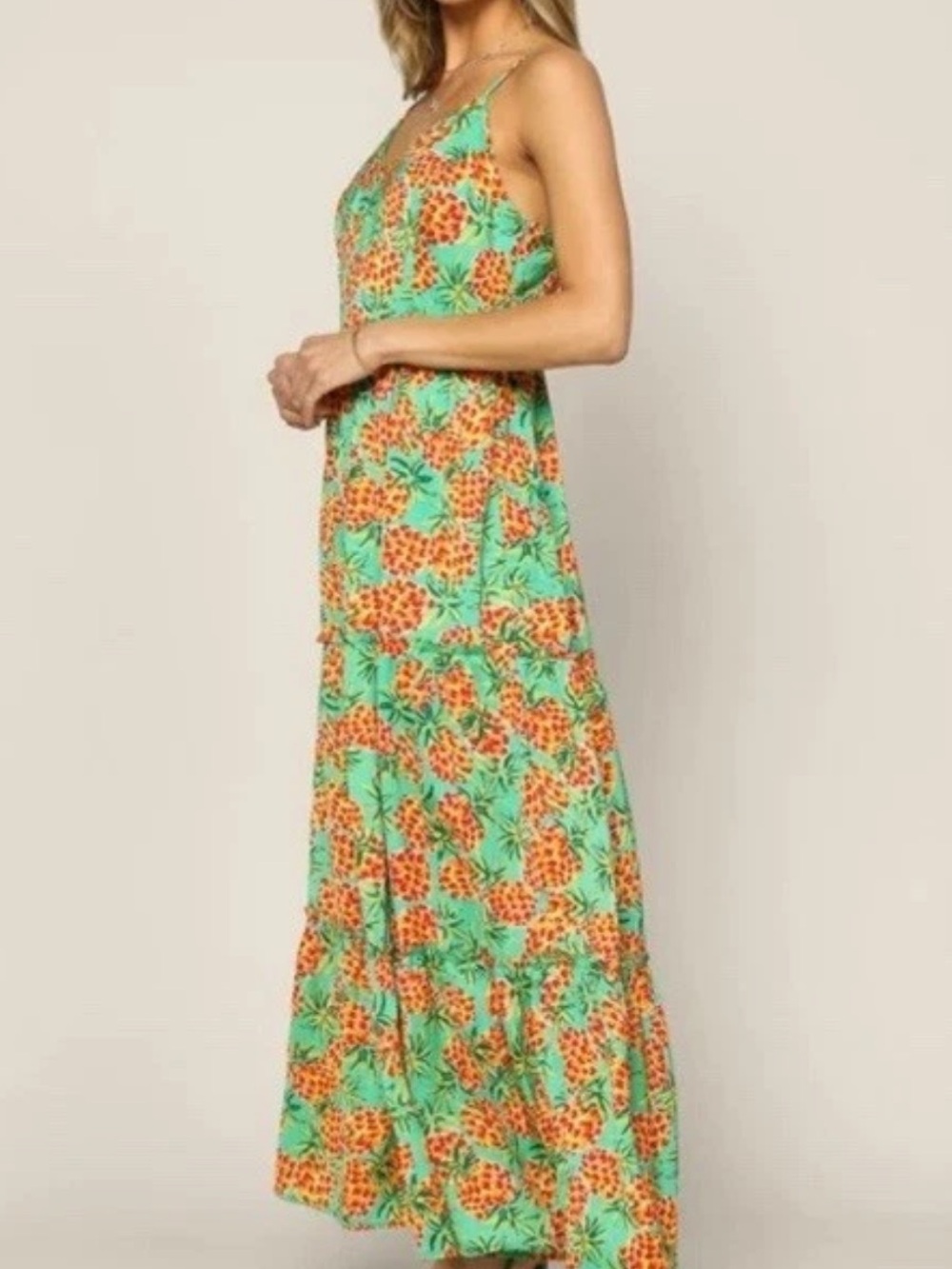 Aquarius Skies Are Blue Green Pineapple-Print Maxi Dress w)Yellow &Orange Accent